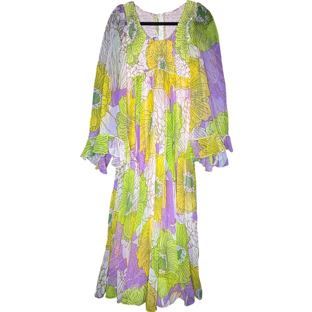 Vintage Jack Bryan 70s Floral Maxi Dress Smocked Bell Sleeve Green Yellow Purple